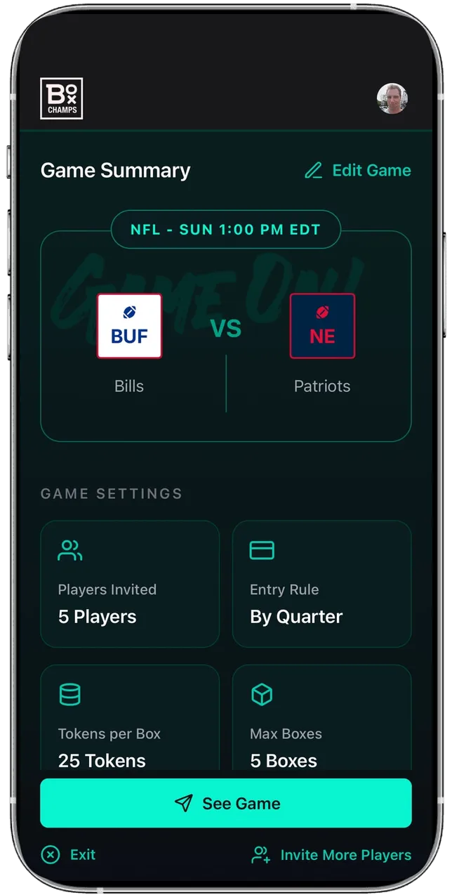A Box Champs game summary before kickoff: five players invited, winners by quarter
