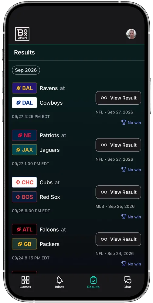 Box Champs results for recent NFL and MLB games