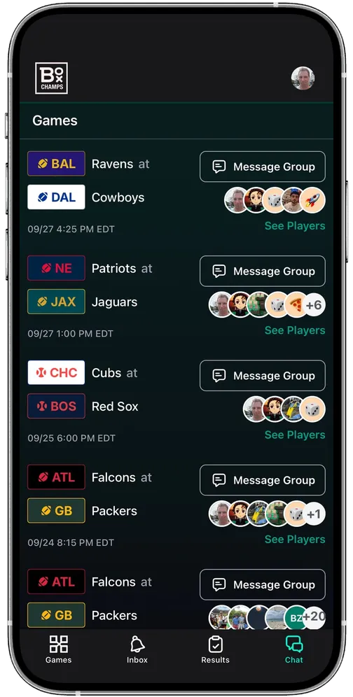 A player's Box Champs games, each with its players and a group chat