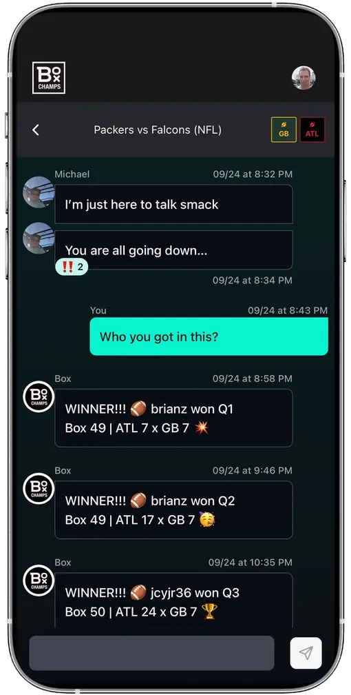 A Box Champs game chat, with trash talk and the quarter winners announced as they happen