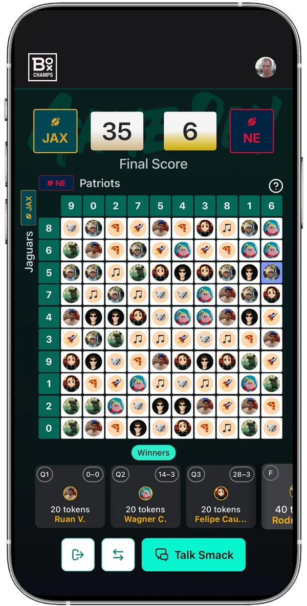 A finished Box Champs board: Jaguars 35, Patriots 6, with every box claimed and a winner for each quarter