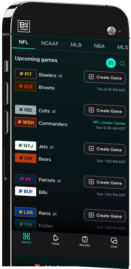 Upcoming NFL games in Box Champs, each with a Create Game button