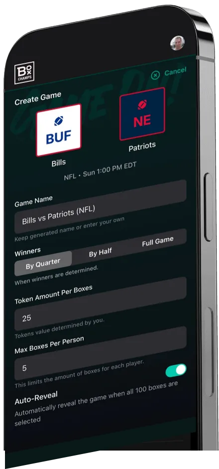 Creating a Box Champs game for Bills vs Patriots, with winners by quarter