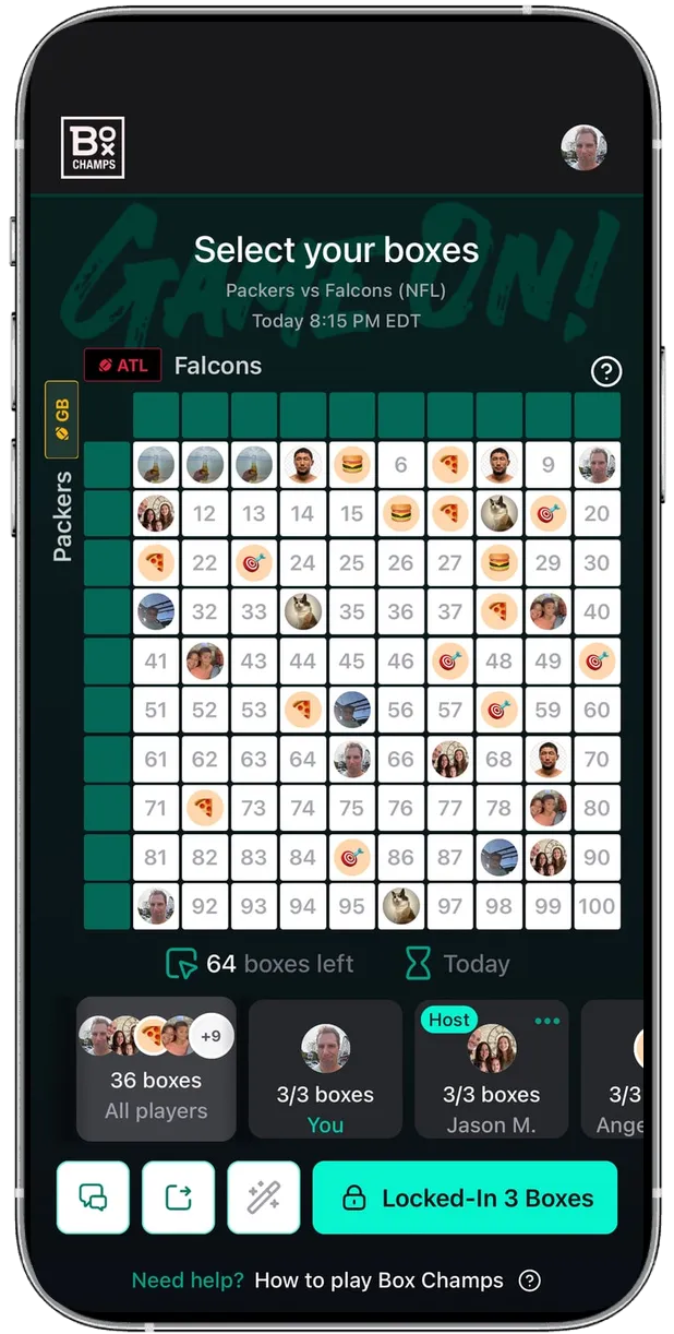 Picking boxes on a Box Champs board for Packers vs Falcons